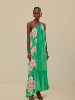 Farm Rio Floral Vibing Maxi Dress Size S Green One Shoulder Tropical